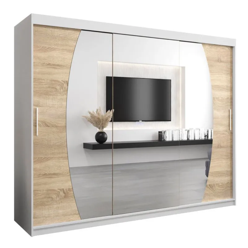 250 cm breiter Kleiderschrank mit 10 Fächern und 3 Türen | Farbe: Sonoma Eiche / Weiß Abbildung