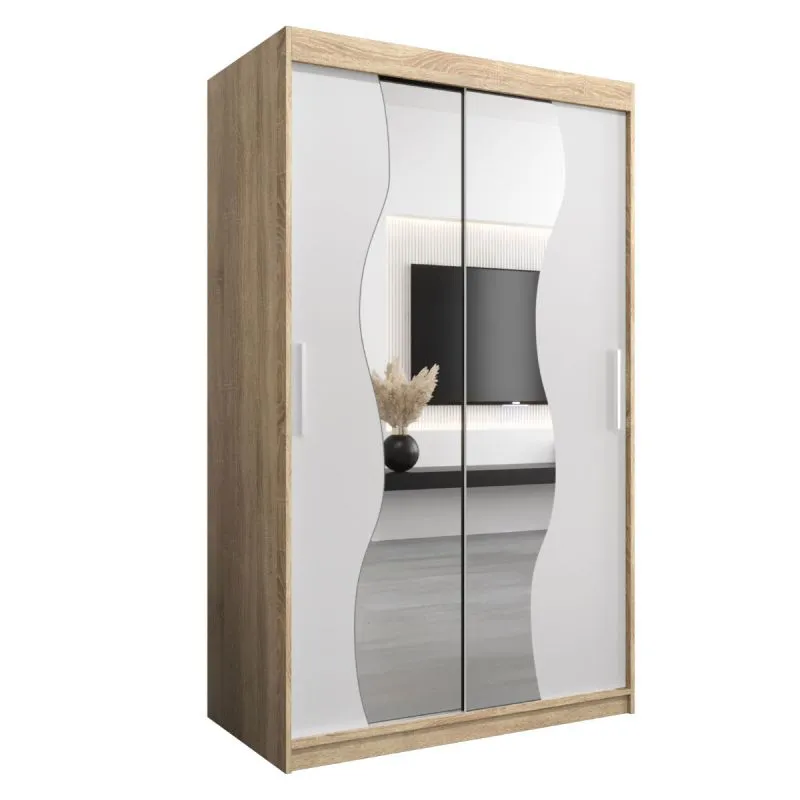 120 cm breiter Schiebetürenschrank mit 2 Türen | 5 Fächer | 2 Kleiderstangen | Farbe: Sonoma Eiche / Weiß Abbildung