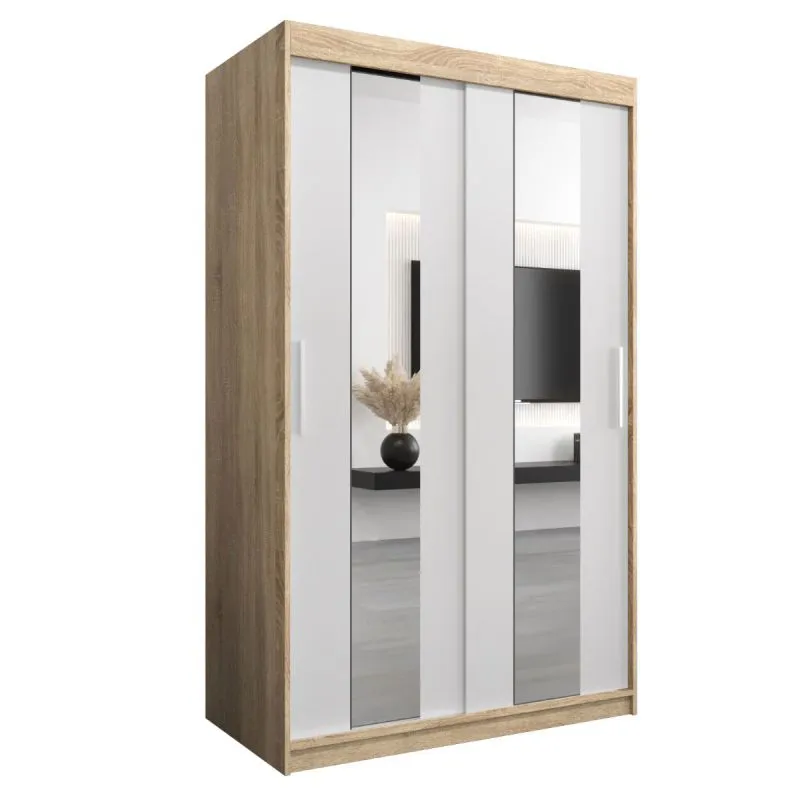 120 cm breiter Schiebetürenschrank mit 5 Fächern und 2 Türen | Farbe: Sonoma Eiche / Weiß | Laminiert Abbildung