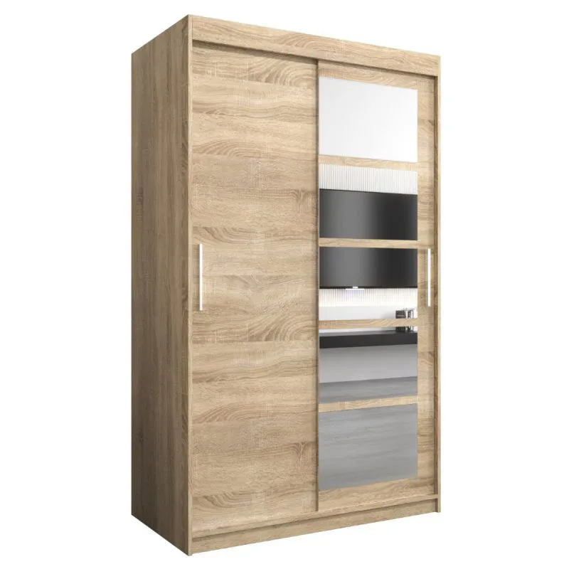 120 cm breiter Schiebetürenschrank mit 2 Türen | 5 Fächer | 2 Kleiderstangen | Farbe: Sonoma Eiche Abbildung