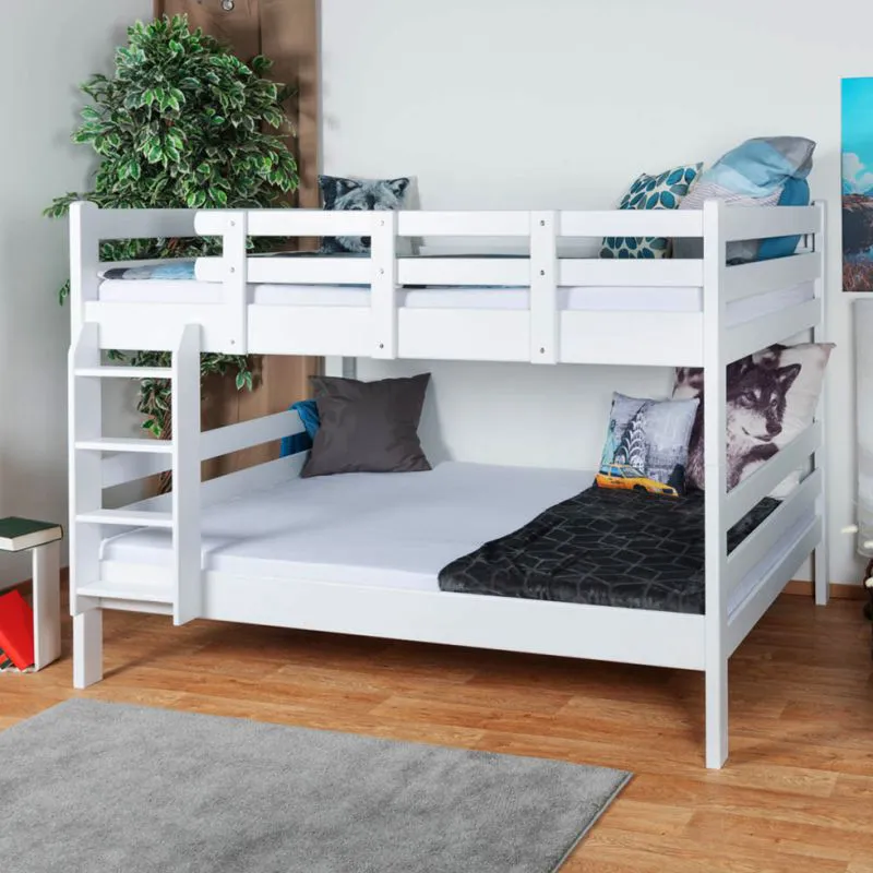 Etagenbett für Kinder 160 x 190 cm | Massivholz: Buche | Weiß Lackiert | umbaubar in 2 Einzelbetten | inkl. Rollroste Abbildung