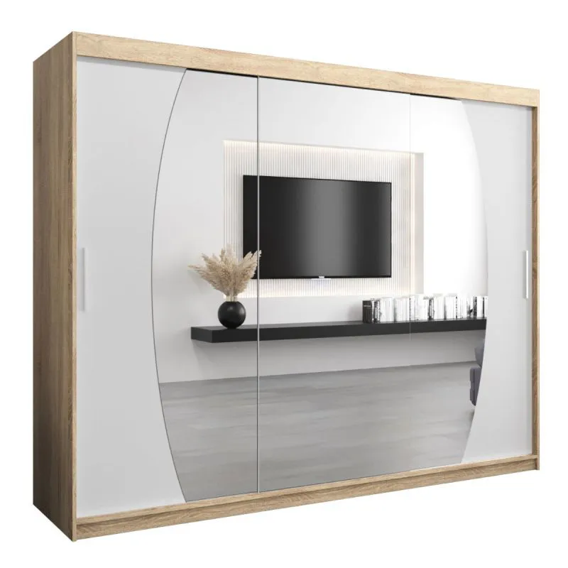 Großer 250 cm breiter Kleiderschrank mit 10 Fächern und 3 Türen | Farbe: Sonoma Eiche / Weiß Abbildung