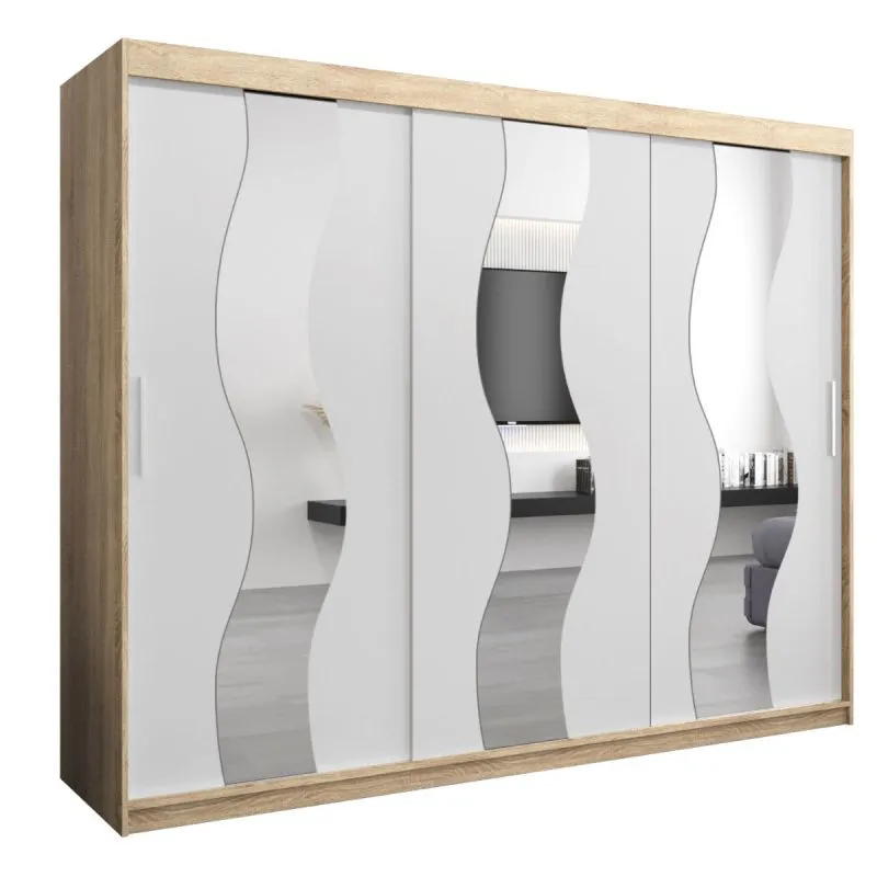 Großer 250 cm breiter Kleiderschrank mit 10 Fächern und 3 Türen | Farbe: Sonoma Eiche / Weiß Abbildung
