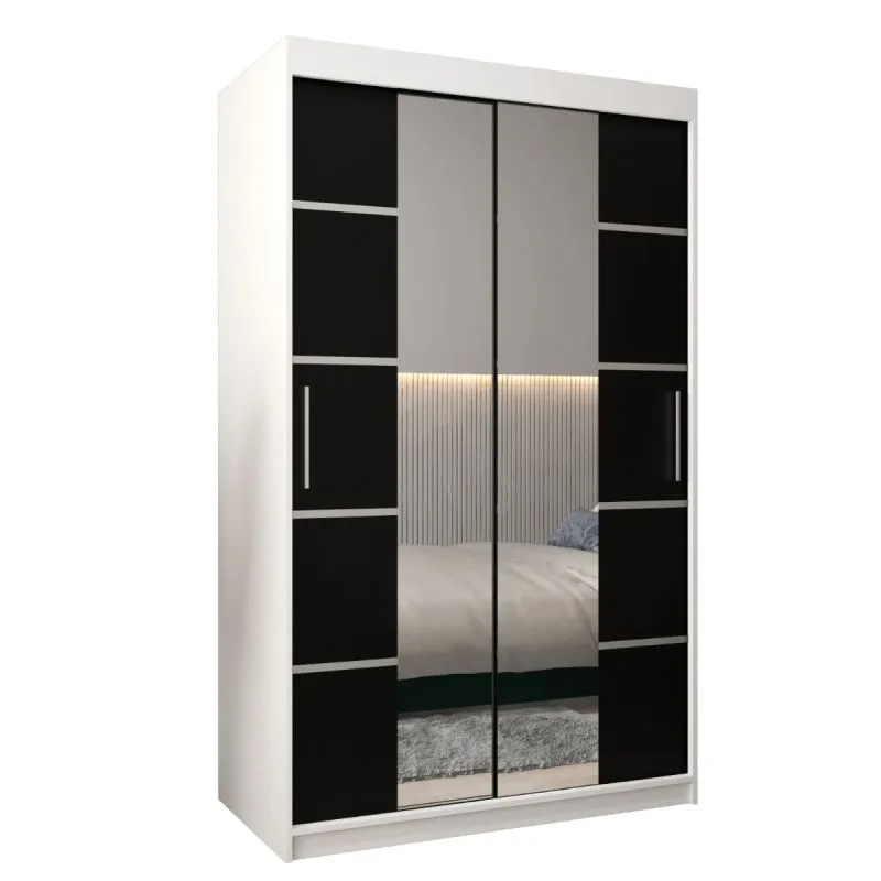 120 cm breiter Schiebetürenschrank mit 5 Fächern und 2 Türen | Farbe: Weiß / Schwarz | Laminiert Abbildung