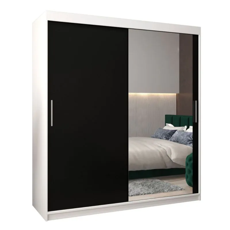 180 cm breiter Schiebetürenschrank mit 2 Türen | 10 Fächer | 2 Kleiderstangen | Farbe: Weiß / Schwarz Abbildung