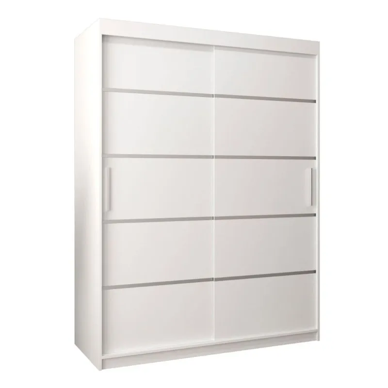 150 cm breiter Schiebetürenschrank mit 2 Türen | 5 Fächer | 2 Kleiderstangen | Farbe: Weiß Abbildung