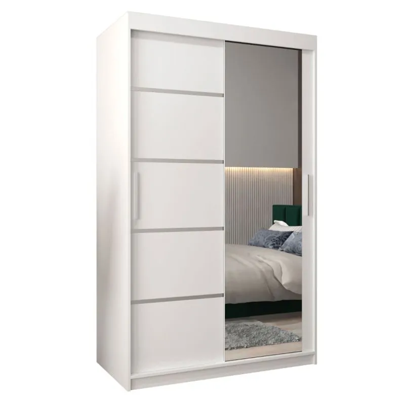 120 cm breiter Schiebetürenschrank mit 2 Türen | 5 Fächer | 2 Kleiderstangen | Farbe: Weiß Abbildung