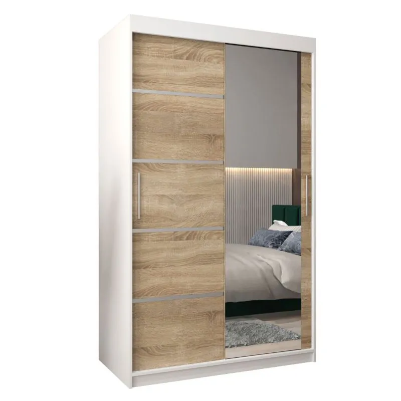 120 cm breiter Schiebetürenschrank mit 2 Türen | 5 Fächer | 2 Kleiderstangen | Farbe: Sonoma Eiche / Weiß Abbildung
