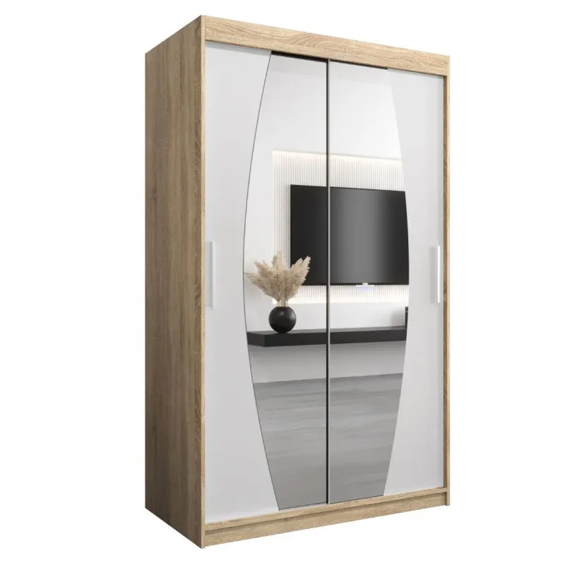 120 cm breiter Schiebetürenschrank mit 2 Türen | 5 Fächer | 2 Kleiderstangen | Farbe: Sonoma Eiche / Weiß Abbildung