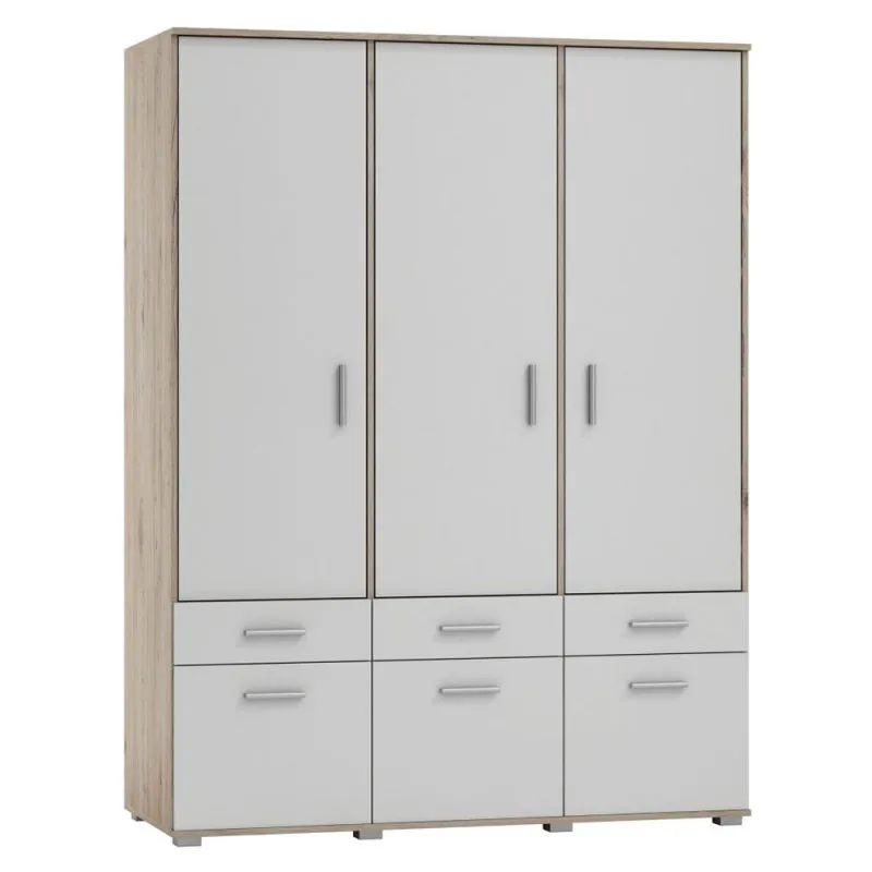 Kleiderschrank | 6 Drehtüren | 3 Schubladen | 9 Fächer | mit 2 Kleiderstangen | 120 cm breit | Farbe: Eiche / Weiß Abbildung