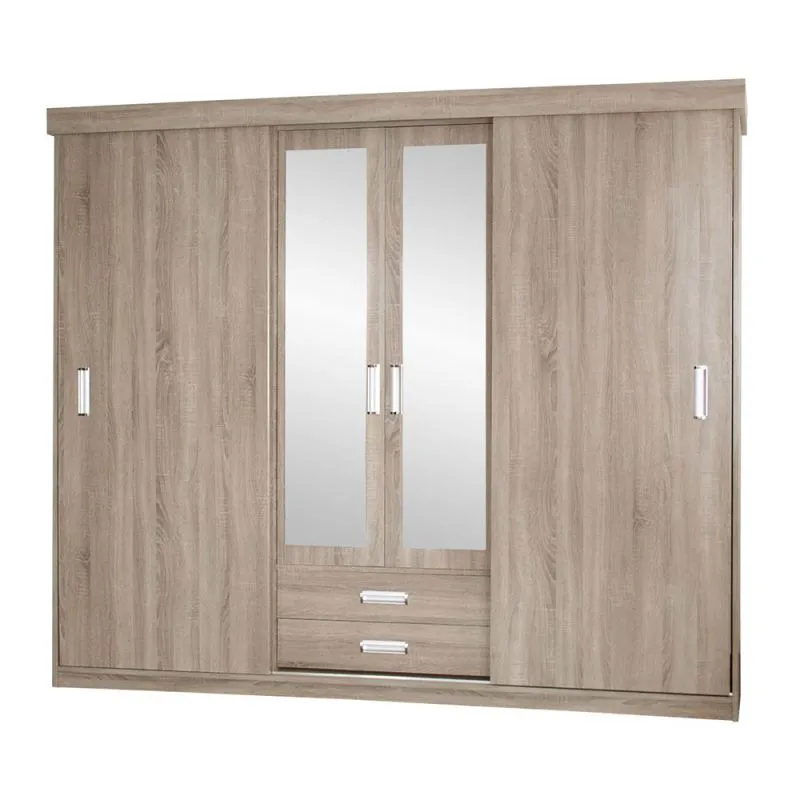 200 cm breiter Kleiderschrank mit 4 Türen, 5 Fächern und 2 Schubladen | Farbe: Sonoma Eiche | Tiefe: 62 cm Abbildung
