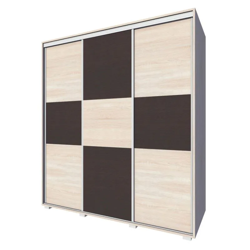 Kleiderschrank | 3 Schiebetüren | 4 Schubladen | 9 Fächer | inkl. Kleiderstange | 150 cm breit | Farbe: Sonoma Eiche Abbildung