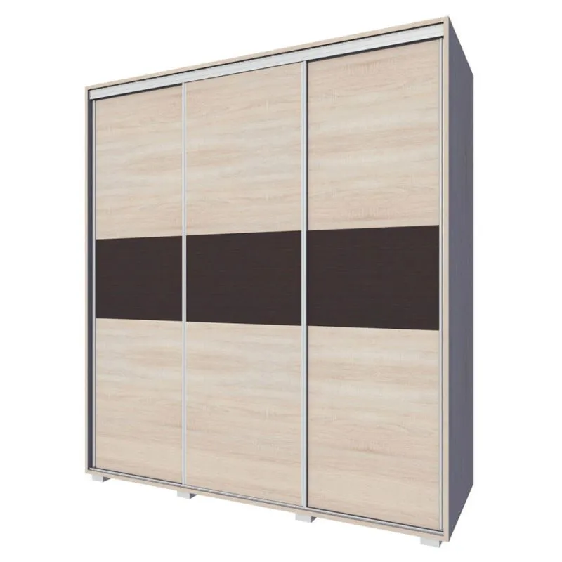Kleiderschrank | 3 Schiebetüren | 4 Schubladen | 9 Fächer | inkl. Kleiderstange | 180 cm breit | Farbe: Sonoma Eiche Abbildung
