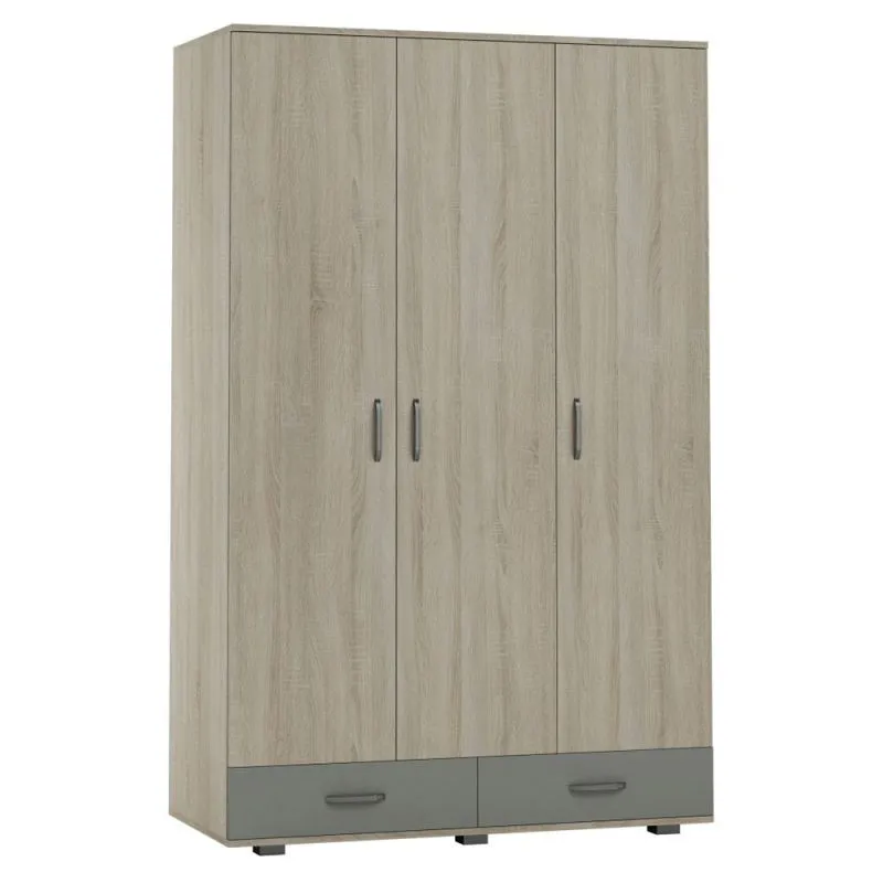 Kleiderschrank | 3 Drehtüren | 2 Schubladen | 4 Fächer | mit Kleiderstange | 120 cm breit | Farbe: Sonoma Eiche / Grau Abbildung