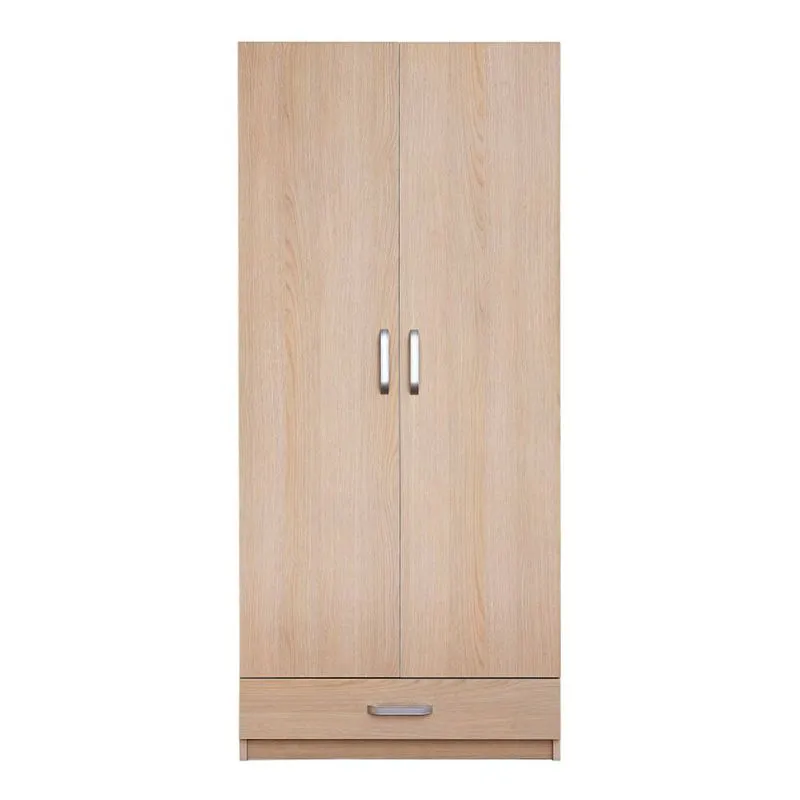 Schmaler Kleiderschrank | 2 Drehtüren | 1 Schublade | 6 Fächer | mit Kleiderstange | 80 cm breit | Farbe: Sonoma Eiche Abbildung