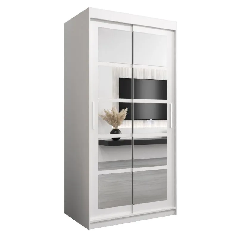 100 cm breiter Schiebetürenschrank mit 2 Türen | 5 Fächer | 2 Kleiderstangen | Farbe: Weiß Abbildung