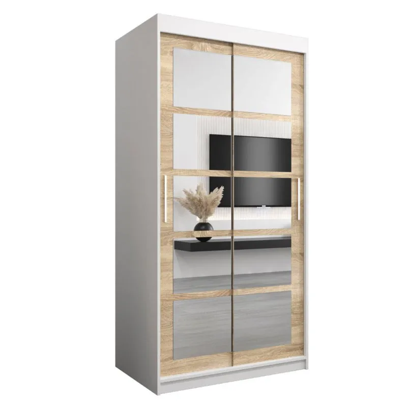 100 cm breiter Schiebetürenschrank mit 2 Türen | 5 Fächer | 2 Kleiderstangen | Farbe: Sonoma Eiche / Weiß Abbildung