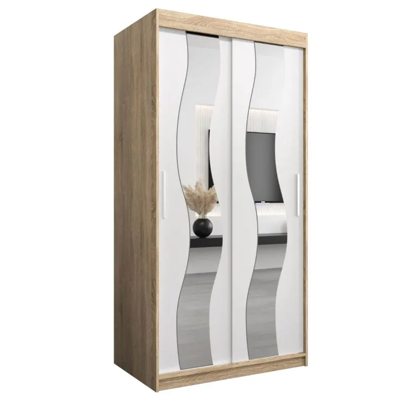 100 cm breiter Schiebetürenschrank mit 2 Türen | 5 Fächer | 2 Kleiderstangen | Farbe: Sonoma Eiche / Weiß Abbildung