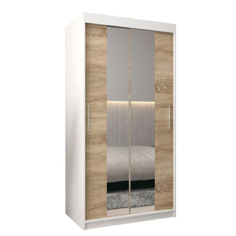 100 cm breiter Schiebetürenschrank mit 2 Türen | 5 Fächer | 2 Kleiderstangen | Farbe: Sonoma Eiche / Weiß Abbildung