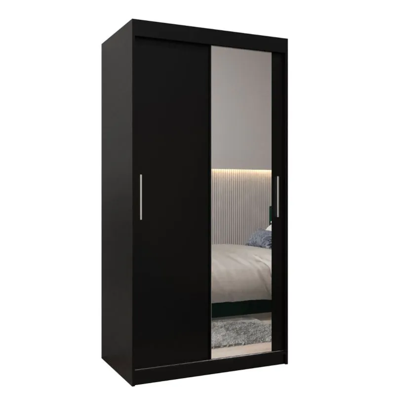 100 cm breiter Schiebetürenschrank mit 2 Türen | 5 Fächer | 2 Kleiderstangen | Farbe: Schwarz Abbildung
