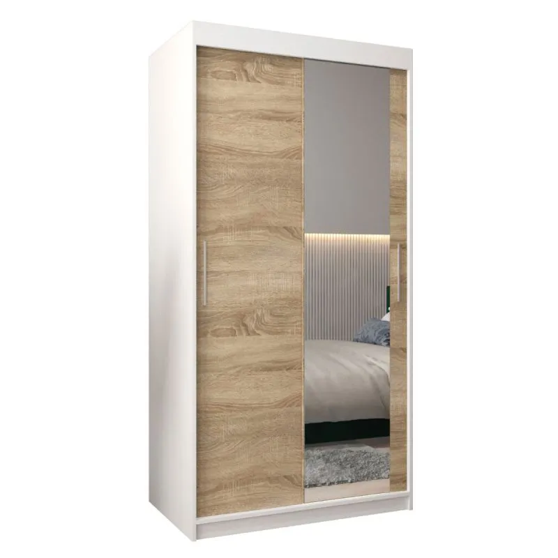 100 cm breiter Schiebetürenschrank mit 2 Türen | 5 Fächer | 2 Kleiderstangen | Farbe: Sonoma Eiche / Weiß Abbildung