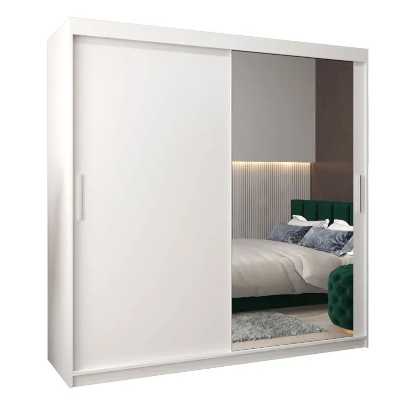 200 cm breiter Schiebetürenschrank mit 2 Türen | 10 Fächer | 2 Kleiderstangen | Farbe: Weiß Abbildung