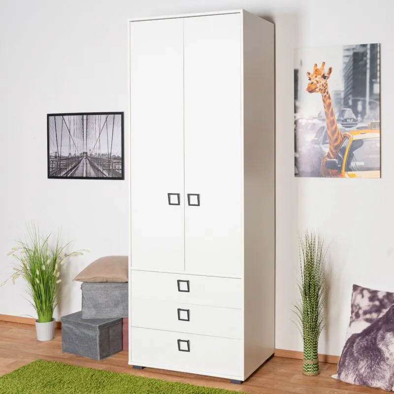 Kleiderschrank | 2 Drehtüren | Keine Schublade | 2 Fächer | mit Kleiderstange | 84 cm breit | Farbe: Weiß Abbildung
