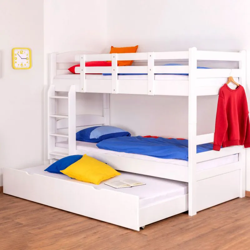 Stockbett + Bettkasten für Jugendliche 90 x 200 cm | Massivholz: Buche | Weiß Lackiert | umbaubar in 2 Einzelbetten | inkl. Bettkasten | inkl. Rollroste Abbildung