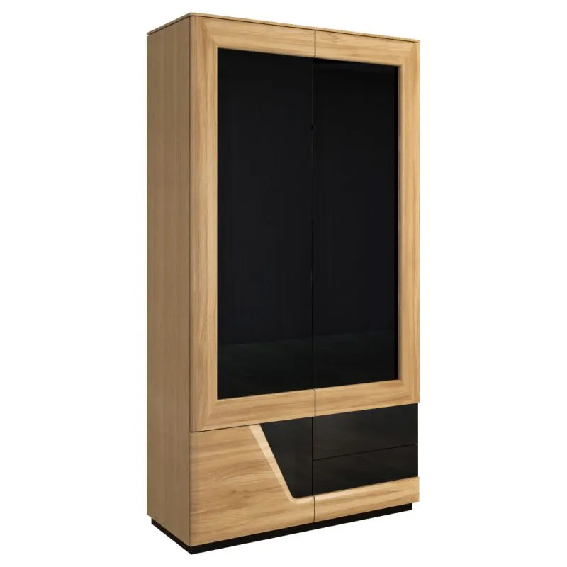 Kleiderschrank | 3 Drehtüren | 3 Fächer | Glasfront| 102 cm breit | Eiche teilmassiv | Farbe: Eiche / Schwarz Abbildung