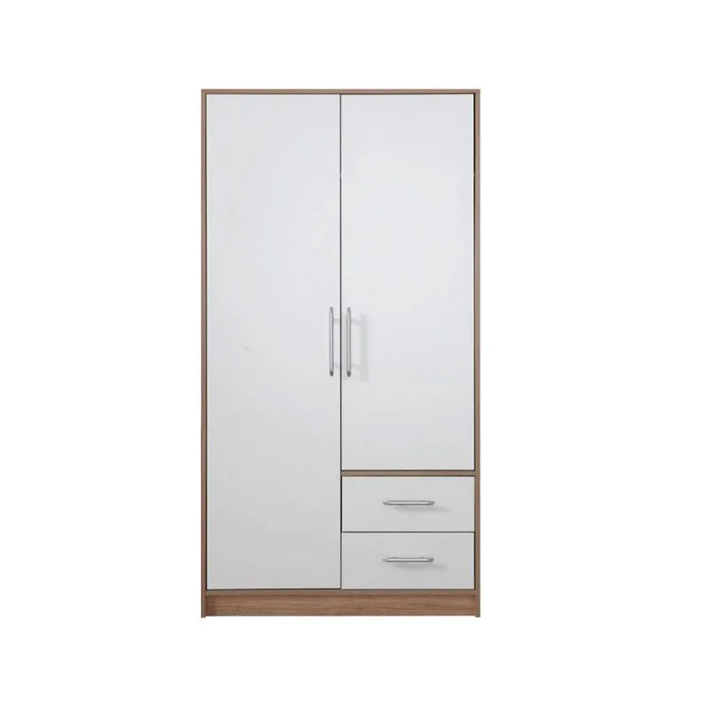 1 Meter breiter Kleiderschrank mit 2 Türen, 2 Fächern und 2 Schubladen | Farbe: Weiß | Tiefe: 56 cm Abbildung