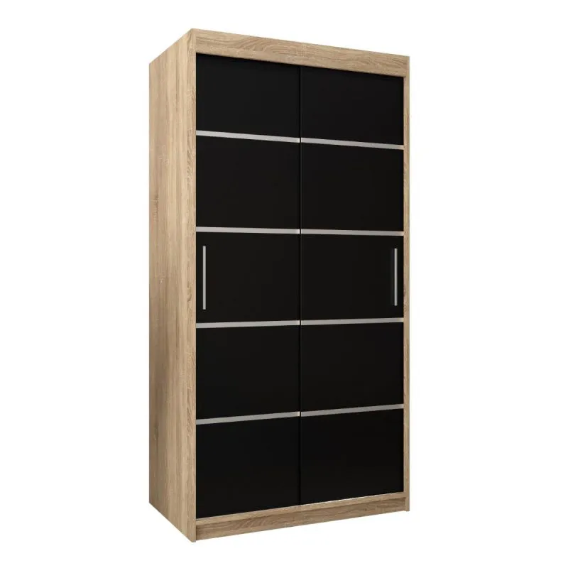 100 cm breiter Schiebetürenschrank mit 2 Türen | 5 Fächer | 2 Kleiderstangen | Farbe: Sonoma Eiche / Schwarz Abbildung