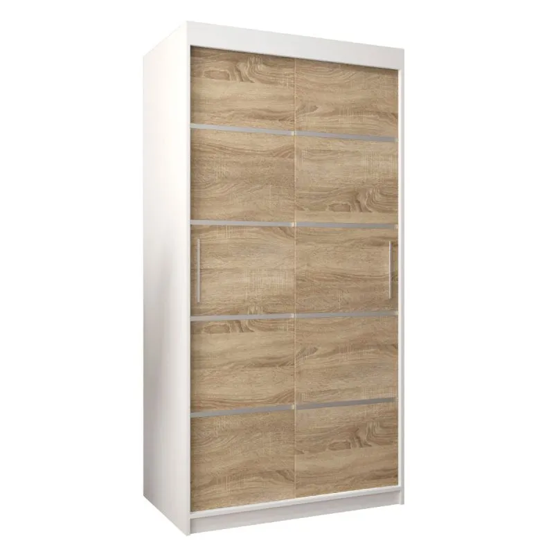 100 cm breiter Schiebetürenschrank mit 2 Türen | 5 Fächer | 2 Kleiderstangen | Farbe: Sonoma Eiche / Weiß Abbildung