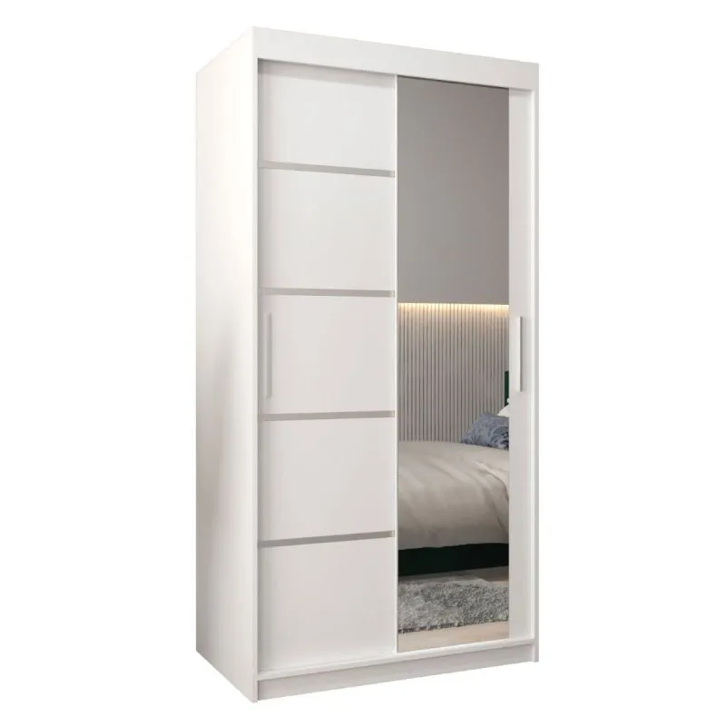 100 cm breiter Schiebetürenschrank mit 2 Türen | 5 Fächer | 2 Kleiderstangen | Farbe: Weiß Abbildung