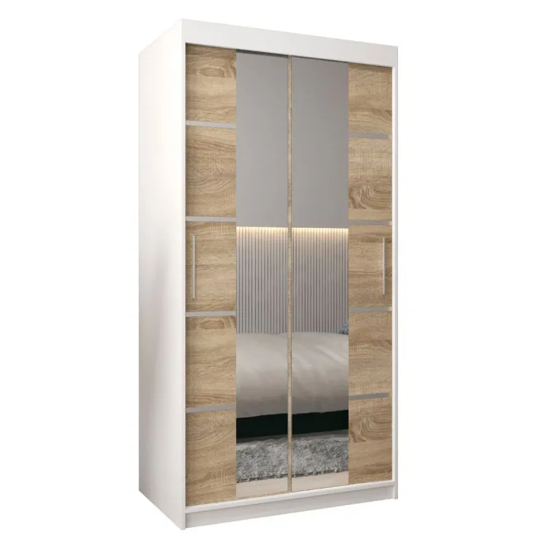 100 cm breiter Schiebetürenschrank mit 2 Türen | 5 Fächer | 2 Kleiderstangen | Farbe: Sonoma Eiche / Weiß Abbildung