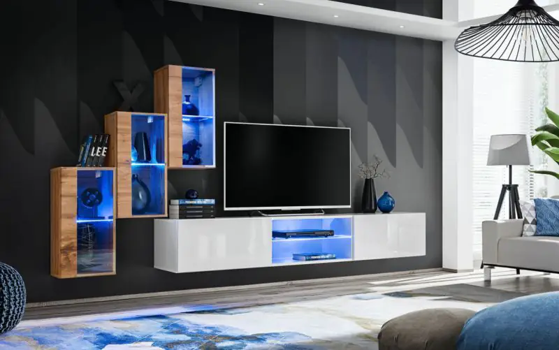 Außergewöhnliche Wohnwand mit fünf Türen Volleberg 27, Farbe: Eiche Wotan / Weiß - Abmessungen: 120 x 210 x 40 cm (H x B x T), mit blauer LED-Beleuchtung