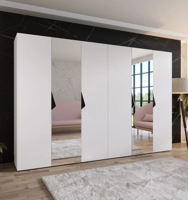 Drehtürenschrank / Kleiderschrank | Farbe: Weiß | 2 Spiegeltüren | 4 Fächer | Griffe: Schwarz | 4 Kleiderstangen | Maße: 300 x 52 x 202 cm | ABS-Kanten