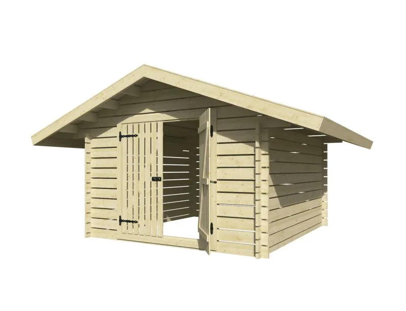 Holzschuppen / Gerätehaus mit Lüftungslücken zwischen Wandbrettern, inkl. Fußboden, aus Kiefernholz, gehobelt, 40 mm Blockbohlenhaus, Doppeltür, Grundfläche: 11 m², Satteldach, Außenmaße: 318 x 348 cm