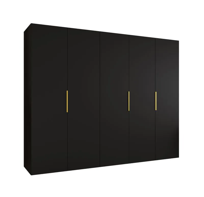 Drehtürenschrank mit Soft-Close-Funktion Korab 41, Farbe: Schwarz, 2,5 Meter breit, drei Fächer, drei Kleiderstangen, Griffe: Gold, Kleiderschrank