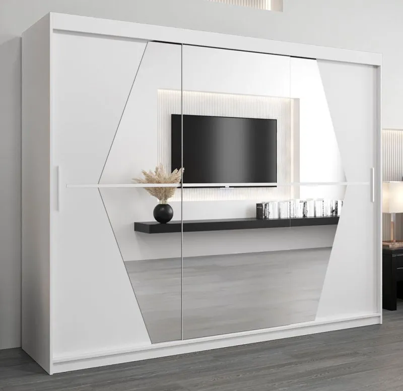 Großer 250 cm breiter Kleiderschrank mit 3 Türen | 10 Fächer | Farbe: Weiß Abbildung