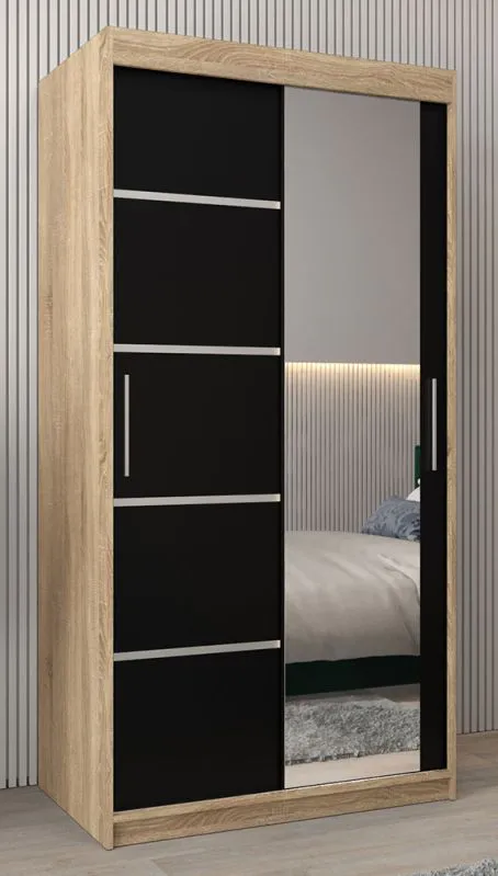 Schiebetürenschrank / Kleiderschrank Jan 01B mit Spiegel, Farbe: Eiche Sonoma / Schwarz - Abmessungen: 200 x 100 x 62 cm ( H x B x T)
