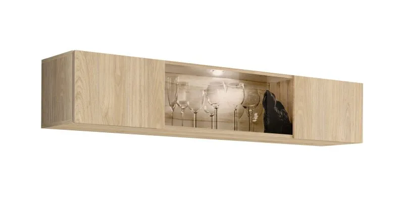 Hängevitrine | Farbe: Eiche Hickory Jackson | 1 Kipptür | 2 Fächer | Push-to-open Funktion | Maße: 160 x 29 x 30 cm | inkl. LED-Beleuchtung