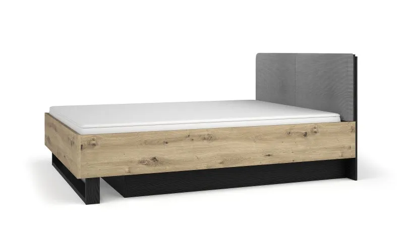 Doppelbett / Gästebett mit gepolsterten Kopfteil Galatsi 04, Farbe: Schwarz mit Holzstruktur / Eiche Artisan, ABS-Kantenschutz, Liegefläche: 160 x 200 cm