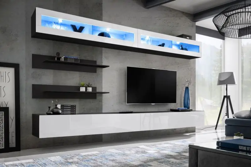 Wohnwand Wohnzimmer Hompland 91, Farbe: Schwarz / Weiß - Abmessungen: 180 x 320 x 40 cm (H x B x T), mit blauer LED-Beleuchtung
