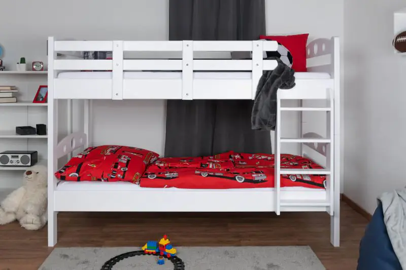Kinderstockbett 90 x 190 cm für Jungen und Mädchen | Massivholz: Buche | Weiß Lackiert | umbaubar in 2 Einzelbetten | Premium-Qualität | inkl. Rollroste Abbildung