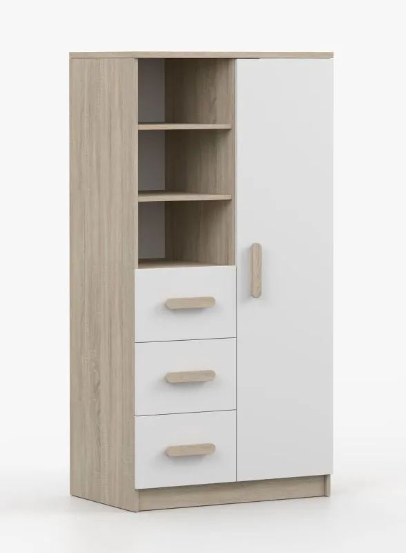 Bücherregal 80 cm breit| Weiß / Sonoma Eiche | Smolikas 31 | 3 Schubladen | 159 x 80 x 40 cm | braune Griffe | 7 Fächer | Kinder | Jugend