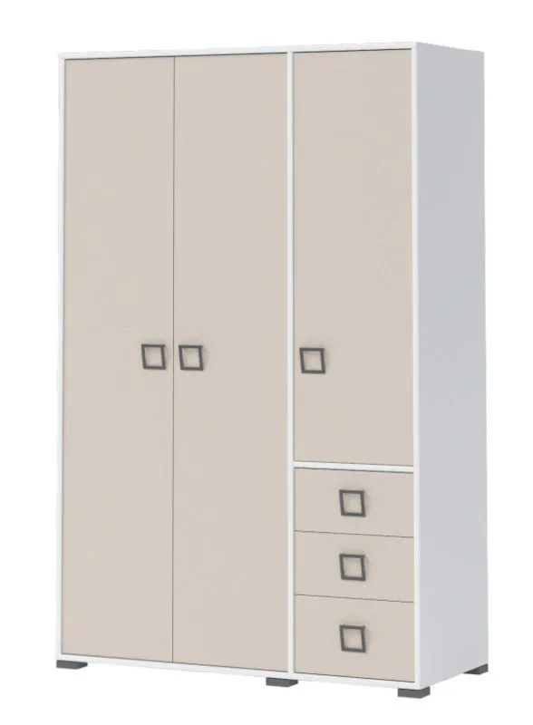 Kleiderschrank | 3 Drehtüren | 3 Schublade | 5 Fächer | mit Kleiderstange | 126 cm breit | Farbe: Weiß Abbildung