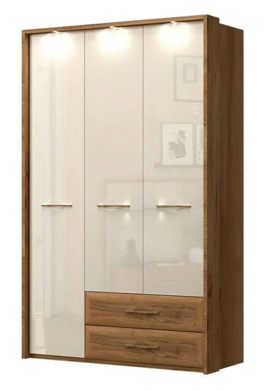 137 cm breiter Kleiderschrank mit 3 Türen, 4 Fächern und 2 Schubladen | Farbe: Beige | Tiefe: 56 cm Abbildung