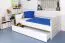  90 x 200 cm Kinderzimmer-Bett mit Bettkasten als Gästebett oder Stauraum | Massivholz: Buche | Weiß Lackiert | inkl. 2. Liegeplatz 90 x 190 cm ausziehbar und 2 Rollrost Abbildung