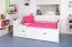  90 x 200 cm Kinderzimmer-Bett mit Bettkasten als Gästebett oder Stauraum | Massivholz: Buche | Weiß Lackiert | inkl. 2. Liegeplatz 90 x 190 cm ausziehbar und 2 Rollrost Abbildung