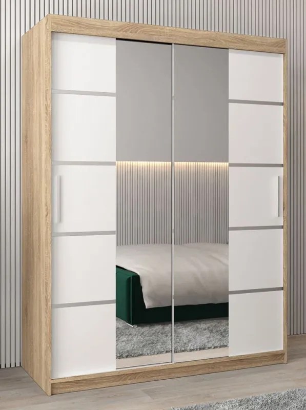 Schiebetürenschrank / Kleiderschrank Jan 03D mit Spiegel, Farbe: Eiche Sonoma / Weiß matt - Abmessungen: 200 x 150 x 62 cm (H x B x T)